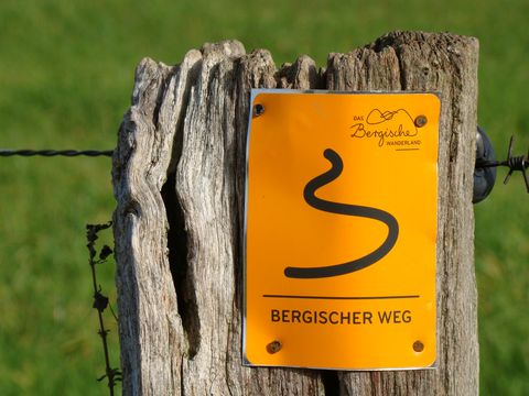 ein orangefarbenes Markierungszeichen hängt an einem Holzpfosten. 